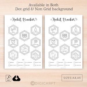 May include: Two printable habit tracker sheets with a dot grid and non-grid background. Each sheet features hexagonal icons for workout, water intake, reading, healthy food, sleep, and skincare. The text "Habit tracker" is at the top. The sheets are available in A4 and A5 sizes.