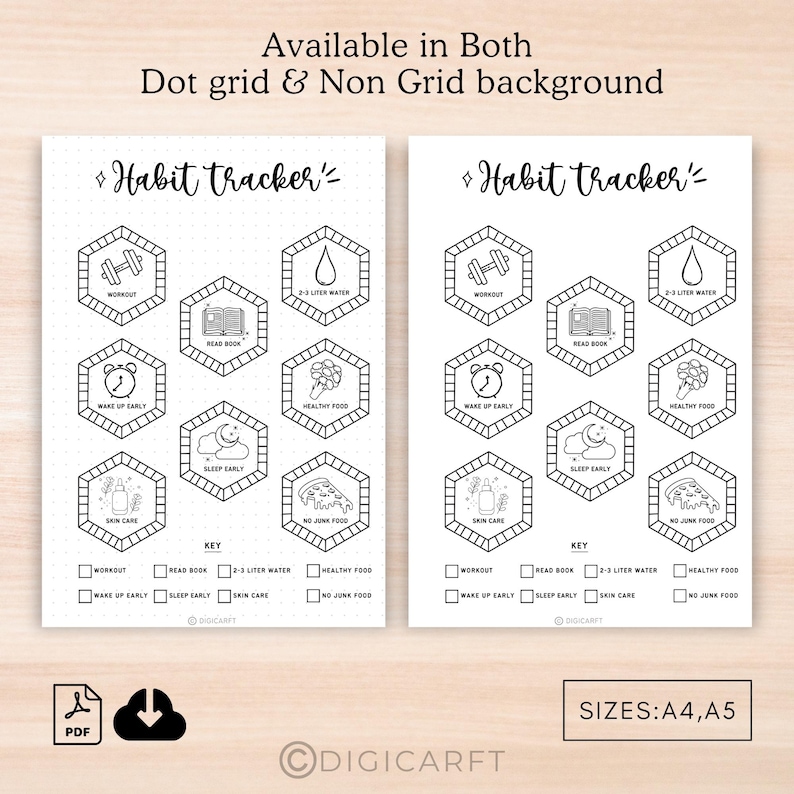 May include: Two printable habit tracker sheets with a dot grid and non-grid background. Each sheet features hexagonal icons for workout, water intake, reading, healthy food, sleep, and skincare. The text "Habit tracker" is at the top. The sheets are available in A4 and A5 sizes.