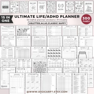 Op de afbeelding: Een verzameling afdrukbare plannerpagina's in zwart en wit, met verschillende thema's zoals zelfzorg, fitness en studie. De pagina's bevatten tekst en illustraties. De titel "ULTIMATE LIFE/ADHD PLANNER" is prominent aanwezig.