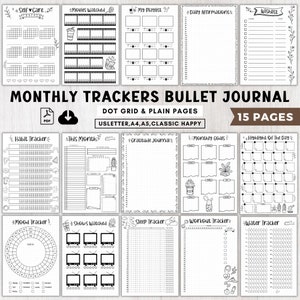 Op de afbeelding: Een printbaar bullet journal met 15 pagina's met maandelijkse trackers, waaronder zelfzorg, gekeken films, habit tracker, mood tracker, slaaptracker, workout tracker en watertracker. De pagina's zijn ontworpen met een stippenraster en blanco pagina's in de formaten US Letter, A4 en A5.