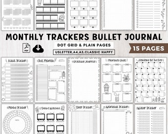 Maandelijkse trackers bundel afdrukbare a5 bullett dagboekpagina's, deze maand sjabloon bujo plan pdf, gewoonte tracker 2024, premade bullett dagboek boek