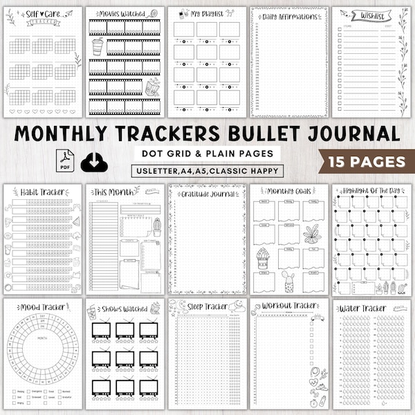 Monthly trackers bundle printable a5 bullett journal pages,This month template bujo plan pdf,Habit tracker 2024,Premade bullett journal book