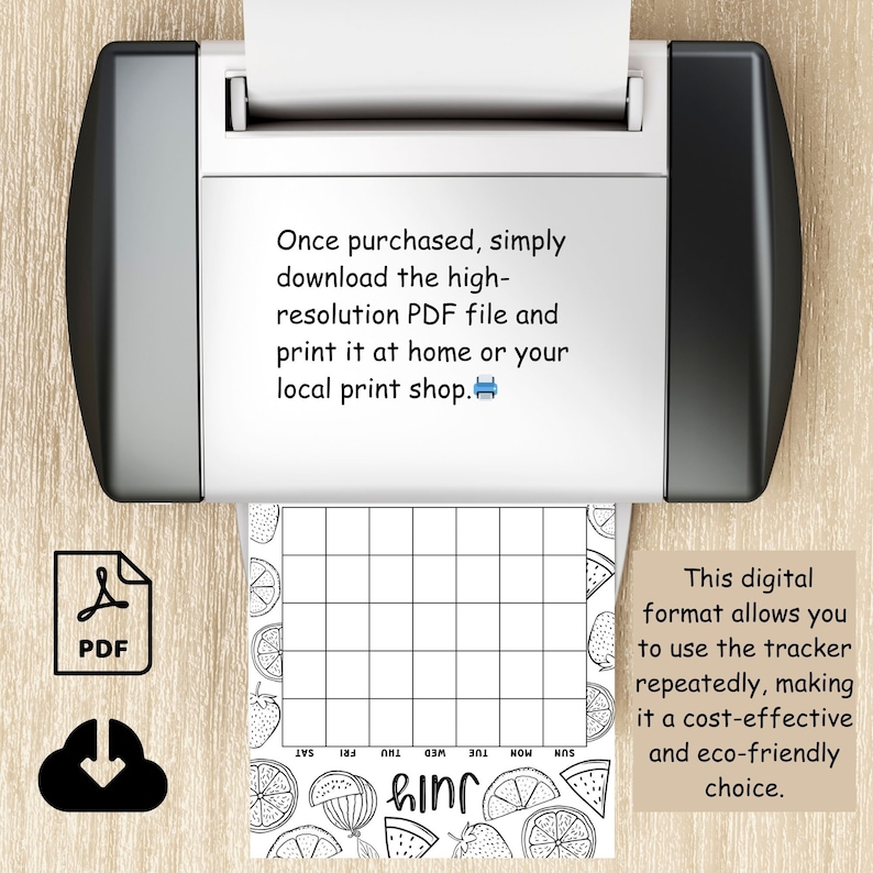 Puede incluir: Una impresora muestra un rastreador PDF digital. El rastreador tiene un dise&ntilde;o de cuadr&iacute;cula con los d&iacute;as de la semana y el mes de julio. El rastreador est&aacute; decorado con ilustraciones de frutas en blanco y negro. El texto dice: &laquo;Este formato digital te permite usar el rastreador repetidamente&raquo;.