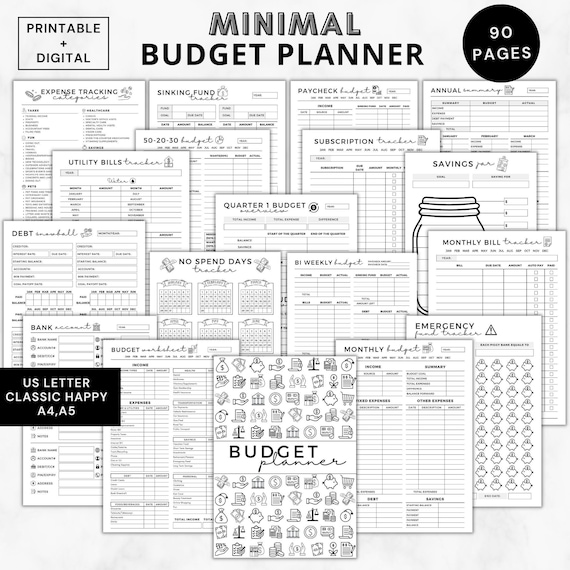 Printable Budget Planner Bundle: Minimalist Finance Journal (Digital Download, PDF, A5/A4/US Letter/Happy Planner Sizes)