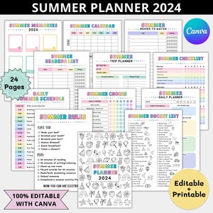 Summer planner 2024 for kids printable,Editable Summer rules checklist poster,Summer bucket list digital,Summer calendar Activity chart pdf