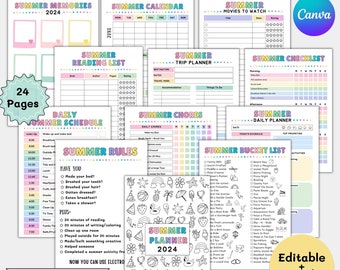 Summer planner 2024 for kids printable,Editable Summer rules checklist poster,Summer bucket list digital,Summer calendar Activity chart pdf