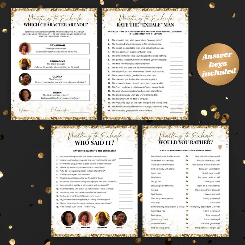 Waiting to Exhale Party Game bundle,Ladies Night games,90s Movies Game,Pajama party games printable,girl night games adult,trivia questions
