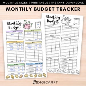 Könnte beinhalten: Ein druckbarer monatlicher Budget-Tracker mit Abschnitten für Einkommen, Ausgaben, Rechnungen, Schulden und Ersparnisse. Der Tracker verfügt über eine niedliche Schweinchen-Illustration und farbenfrohe Abschnitte für eine einfache Organisation.