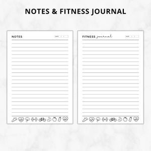 Może przedstawiać: Drukowany notes i dziennik fitness z liniowanymi stronami. Dziennik ma czarno-biały projekt z ikonami do biegania, tętna, ciężar&oacute;w, jazdy na rowerze, mięśni, jabłka, butelki z wodą i serca. Tekst "NOTES" i "FITNESS journal" znajduje się na g&oacute;rze stron.