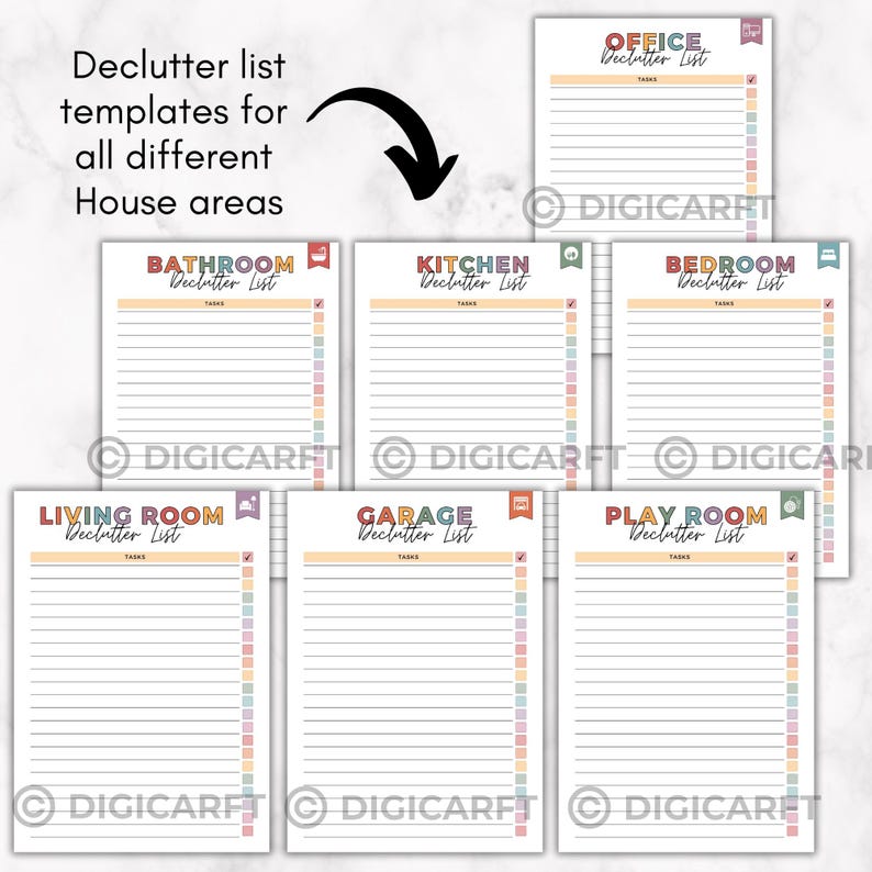 May include: A collection of declutter list templates for various house areas, including bathroom, kitchen, bedroom, office, living room, garage, and playroom. Each template features a checklist and the "Digicare" watermark.