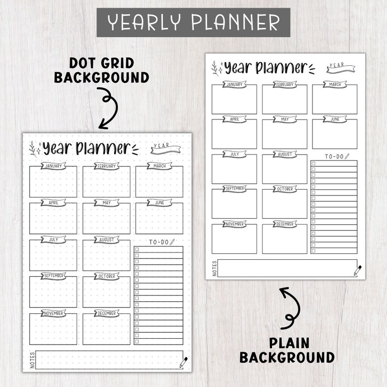May include: Two printable yearly planner templates. The first template has a dot grid background and the second template has a plain background. Both templates have a section for each month of the year and a to-do list.