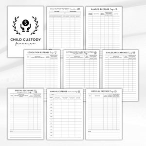 May include: A collection of black and white printable financial log sheets for child custody finances. The sheets include sections for child support, shared expenses, education, extracurricular activities, childcare, special occasions, annual expenses, and medical expenses.