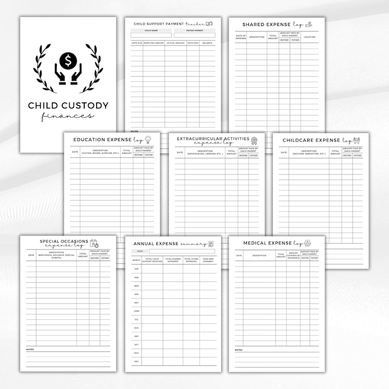 May include: A collection of black and white printable financial log sheets for child custody finances. The sheets include sections for child support, shared expenses, education, extracurricular activities, childcare, special occasions, annual expenses, and medical expenses.