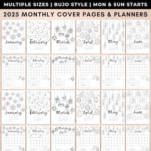 May include: A set of printable 2025 monthly calendar cover pages and planners in black and white. Each month features a different decorative design, including snowflakes, hearts, plants, eggs, light bulbs, and picture frames.