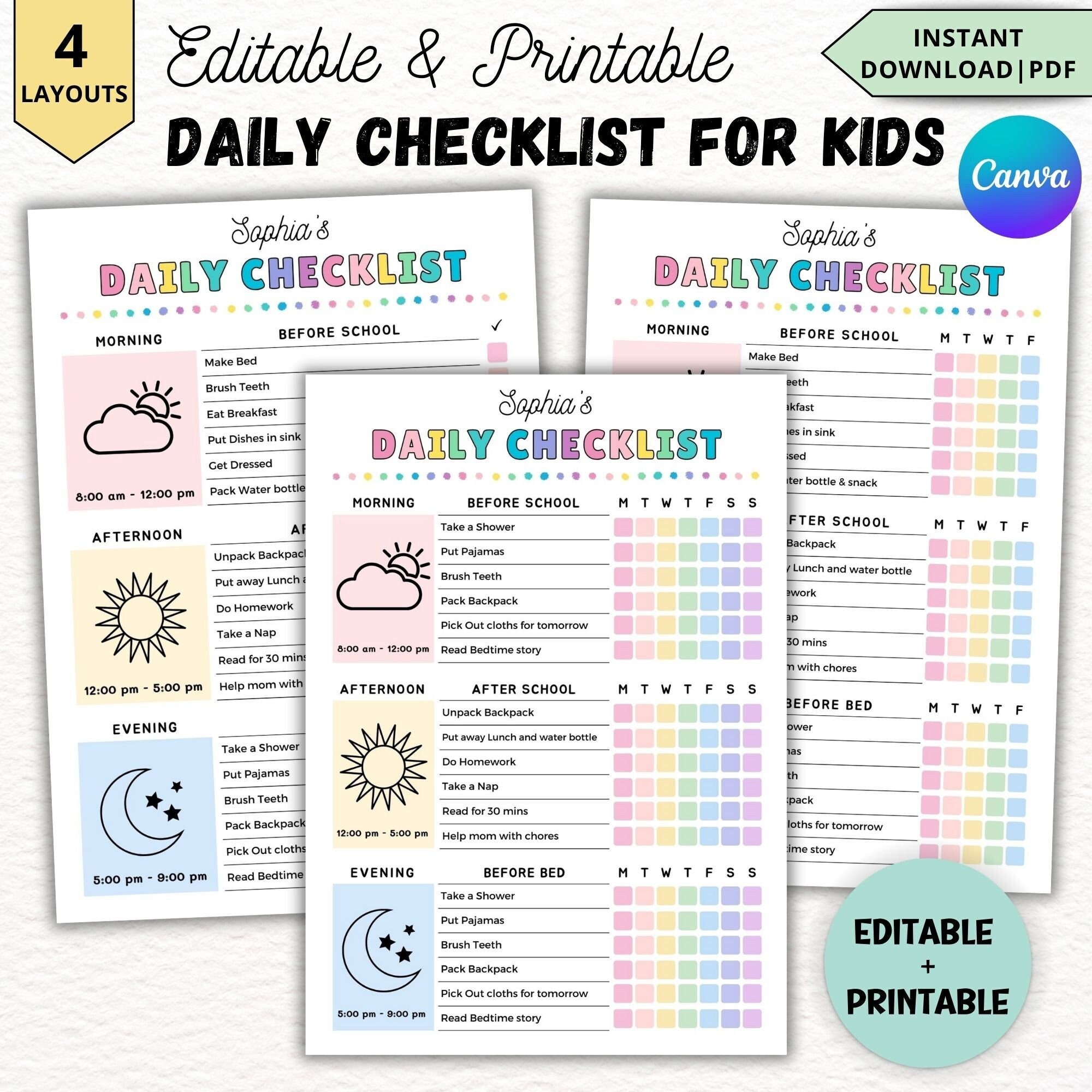 Editable Kids daily and weekly chore chart,Daily checklist for kids template,Printable Before & After school to do,Morning evening routine