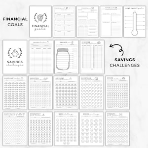 K&ouml;nnte beinhalten: Eine Sammlung von schwarz-wei&szlig;en, druckbaren Finanzplanungsseiten. Die Seiten enthalten Abschnitte f&uuml;r finanzielle Ziele, Sparherausforderungen und Schuldenr&uuml;ckzahlung. Verschiedene Designs umfassen ein Thermometer, ein Einmachglas sowie Auto-, Stern- und Herzgrafiken.