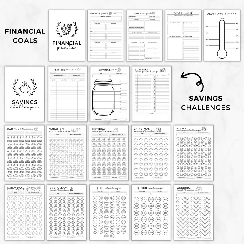 K&ouml;nnte beinhalten: Eine Sammlung von schwarz-wei&szlig;en, druckbaren Finanzplanungsseiten. Die Seiten enthalten Abschnitte f&uuml;r finanzielle Ziele, Sparherausforderungen und Schuldenr&uuml;ckzahlung. Verschiedene Designs umfassen ein Thermometer, ein Einmachglas sowie Auto-, Stern- und Herzgrafiken.