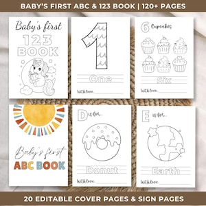 Libro degli ospiti stampabile per baby shower con abc 123 da colorare, libro per baby shower con abc, libro da colorare per baby shower con 123 elementi, giochi di attività per baby shower con alfabeto per bambini