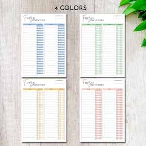 May include: Four printable freezer inventory lists in different colors: blue, green, yellow, and pink. Each list has columns for item, quantity, and use-by date.