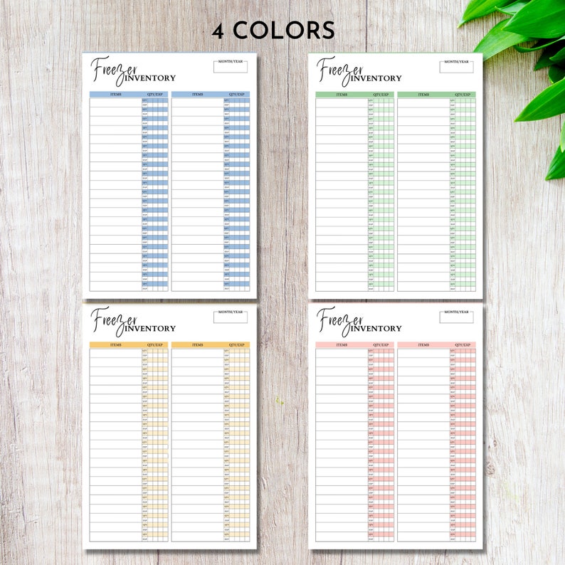 May include: Four printable freezer inventory lists in different colors: blue, green, yellow, and pink. Each list has columns for item, quantity, and use-by date.