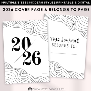 Utskrivbar planeringssida för 2026, Denna journal tillhör sidan, Mall för Bullett Journal-omslagssida, Digital instrumentpanel, Bujo-titelsida A5 A4