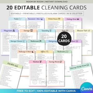 Könnte beinhalten: Eine Sammlung von 20 bearbeitbaren Reinigungskarten mit Checklisten für verschiedene Räume wie Küche, Bad und Schlafzimmer. Die Karten sind in A4- und US-Letter-Größe erhältlich, mit dem Text "20 EDITABLE CLEANING CARDS" oben.
