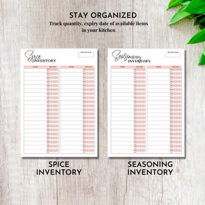 May include: Two printable inventory lists for spices and seasonings. Each list has columns for item name, quantity, and expiration date. The lists are designed to help you stay organized in your kitchen.