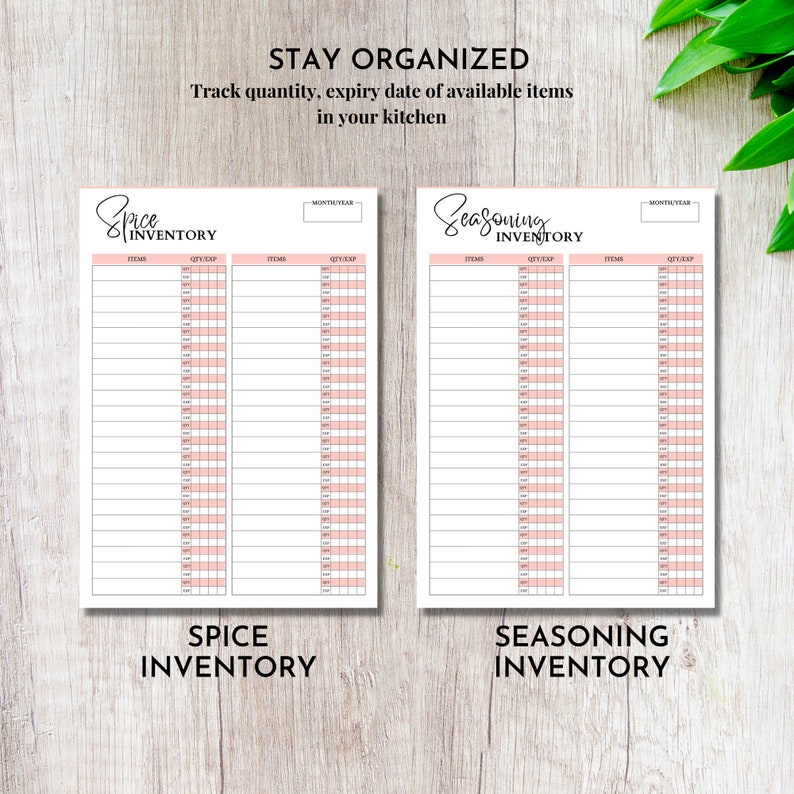 May include: Two printable inventory lists for spices and seasonings. Each list has columns for item name, quantity, and expiration date. The lists are designed to help you stay organized in your kitchen.