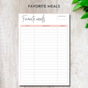 May include: Printable favorite meals tracker with columns for meal, ingredients, and source. The tracker has a title that says "Favorite Meals" and a space to write the month and year.