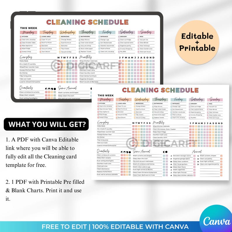 Editable cleaning schedule checklist canva adhd,Home cleaning planner weekly monthly yearly Semi-annually, Quarterly Clean house schedule printable,house chore chart,Digital cleaning template,Printable cleaning checklist home,Kitchen,Bathroom,Living room,Bedroom Cleaning checklist,Master Cleaning tracker, Family cleaning responsibility charts,Kids cleaning chores list