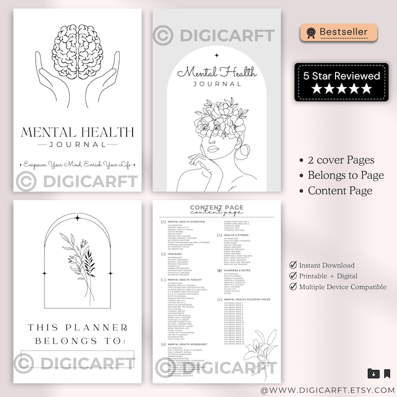Mental Health Journal Bundle for Well-being,Printable Mental Health Journal with Prompts,Digital Mental Health Planner with Hyperlinks,Mood Tracking Journal for Stress Management, Mental Wellness Journal with Coping Strategies, Self-Care