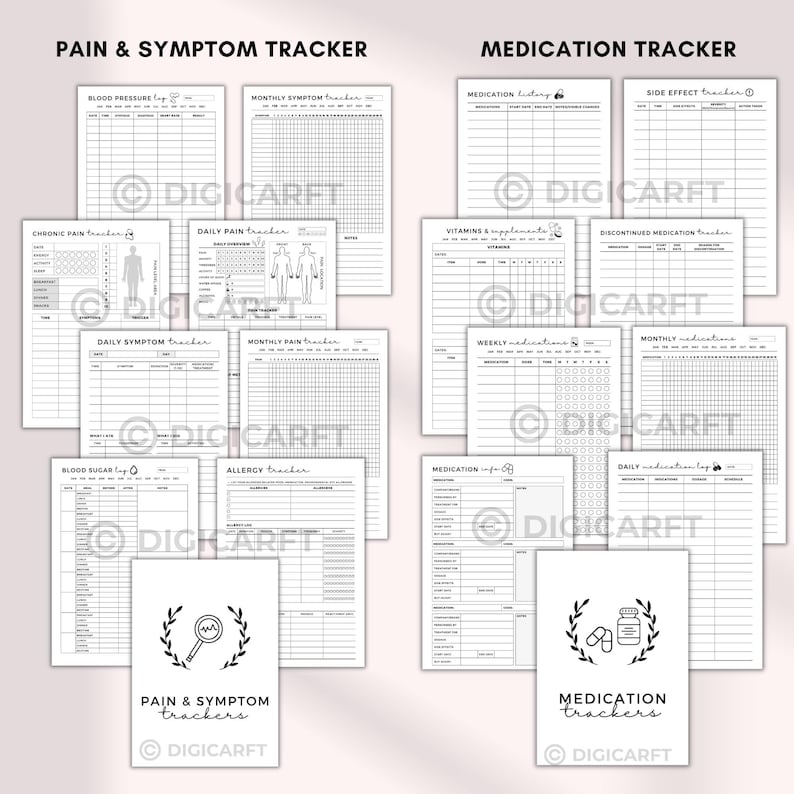 Family medical binder printable,healthcare planner printable,Medical Planner Bundle,Health Binder,doctor visit notes,family medical history, Patient medical tracker, Medicine tracker, Vitamins tracker, Supplement tracker, First aid kit checklist, Hospital bag checklist, Periods tracker, Daily pain tracker, Sleep tracker page, Daily health log, Weekly health log