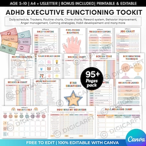 Kids adhd Executive Functioning Toolkit,Daily routine Chore Chart Editable Canva,Weekly Behavior tracker,Reward charts pdf,coping strategies