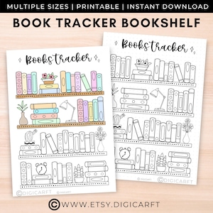 Könnte beinhalten: Druckbarer Buch-Tracker-Regal mit einem bunten Regal und einem schwarz-weißen Regal. Das Regal hat Regalbretter mit Büchern, Pflanzen und einer Lampe. Der Text "Books tracker" steht oben auf jeder Seite.