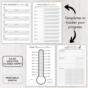 Peut inclure: Mod&egrave;les de suivi de objectifs imprimables en noir et blanc. Les mod&egrave;les comprennent un suivi de progression des objectifs, un suivi des objectifs quotidiens, un thermom&egrave;tre des objectifs et un suivi des objectifs mensuels, hebdomadaires et quotidiens. Les mod&egrave;les sont disponibles dans les formats A4, A5, US Letter et Classic Happy.