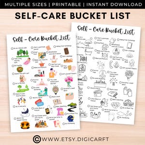 May include: A printable self-care bucket list with two pages. The first page has a pink and white color scheme and the second page has a black and white color scheme. The list includes activities such as going on a nature walk, starting a gratitude journal, unplugging from technology, mindfulness exercises in nature, getting a massage, taking a long relaxing bath, making your favorite meal, eating healthy, calling/texting your best friend, doing a face mask, getting a manicure/pedicure, spending time with a pet, practicing yoga, trying a new hobby/learning a new skill, doing some gardening, decluttering a small space, dancing to your favorite music, watching a movie, reading a book, listening to music or a podcast, baking something, going to bed early, watching the sunset/sunrise, hosting a dinner party with favorite people, writing a love letter to yourself, going on a road trip, and going stargazing.