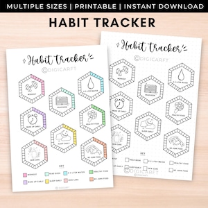 May include: Two printable habit tracker sheets with the title "HABIT TRACKER" at the top. Each sheet features hexagonal boxes with icons for workout, reading, water intake, healthy food, sleep, and skincare. The sheets include a key with color-coded boxes.