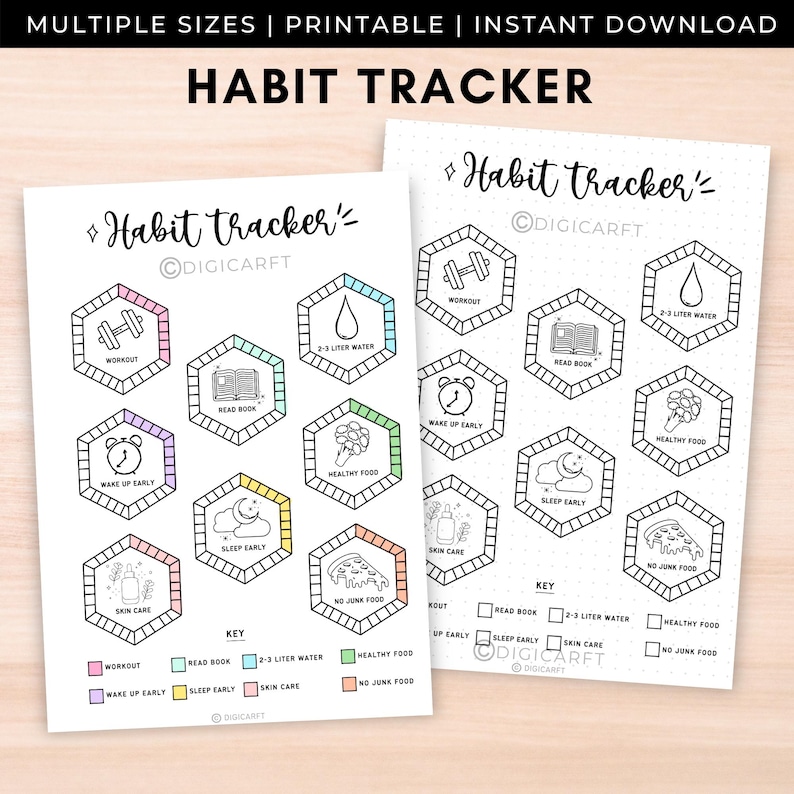 May include: Two printable habit tracker sheets with the title "HABIT TRACKER" at the top. Each sheet features hexagonal boxes with icons for workout, reading, water intake, healthy food, sleep, and skincare. The sheets include a key with color-coded boxes.