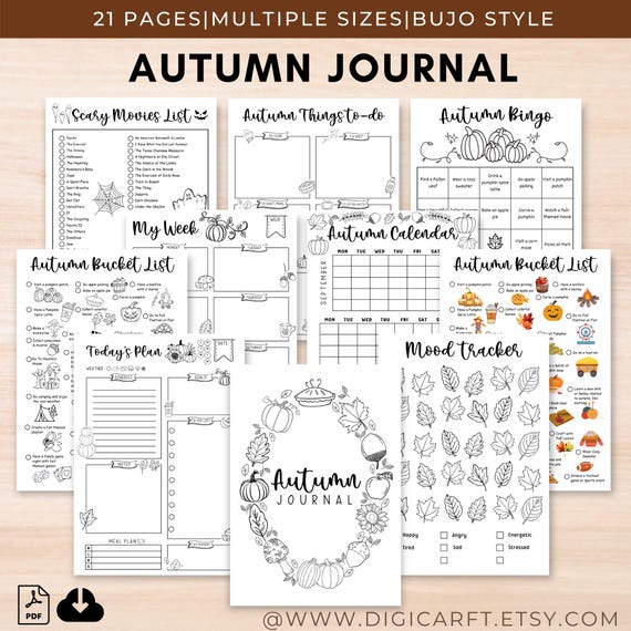 Autumn journal kit printable,Printable fall bucket list,Bujo Autumn planner cover,Fall junk journal pages,Autumn bingo,Fall calendar a5 pdf