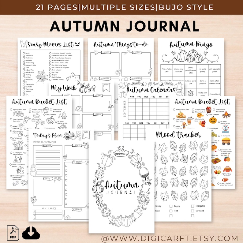 Autumn journal kit printable,Printable fall bucket list,Bujo Autumn planner cover,Fall junk journal pages,Autumn bingo,Fall calendar a5 pdf