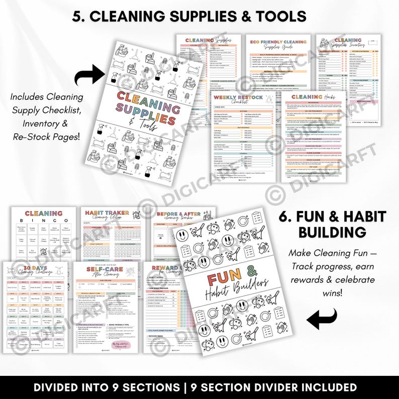 Cleaning Supplies checklist
Eco-Friendly Cleaning Supplies Guide
Cleaning Supplies Inventory
Weekly Restock Checklist
Cleaning Hacks
Cleaning Bingo
Habit Tracker (Cleaning Edition)
Before & After Cleaning Tracker
30 Days cleaning Challenge
Reward Chart for Cleaning Wins
Self-Care After Cleaning
