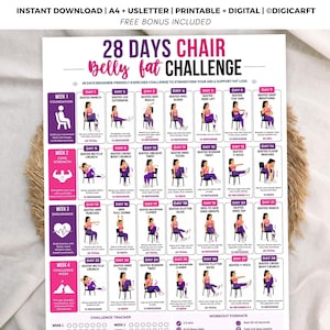 Puede incluir: Un gráfico imprimible de desafío de 28 días para grasa abdominal en silla con una cuadrícula de ilustraciones de ejercicios diarios. Cada recuadro muestra a una persona realizando un movimiento sentado con instrucciones, organizado en cuatro secciones semanales.