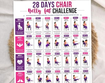 28 days chair exercise challenge,Chair exercise for belly fat,Low impact workout chart,Seated abs and core workout printable Flat stomach