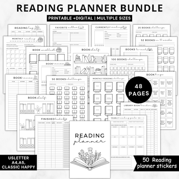 Buch Lese Planer Bundle druckbar,Leseplaner 2024,druckbare Lesechallenge,Buchbesprechung Logbuch,monatliches Lesejournal minimal