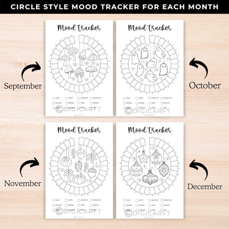 January mood tracker,February mood tracker,March mood tracker,April mood tracker,May mood tracker,June mood tracker, July mood tracker,August mood tracker, September mood tracker,October mood tracker,November mood tracker,December mood tracker