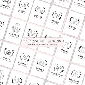 Puede incluir: Un conjunto de 18 secciones de planificador imprimibles con ilustraciones en blanco y negro de varios iconos, como una casa, un calendario, una bombilla, un coraz&oacute;n, una mancuerna, una cuchara y un tenedor, un avi&oacute;n, una lista, un micr&oacute;fono, un gorro de fiesta, un l&aacute;piz y papel, y una persona. El texto "18 PLANNER SECTIONS" y "@WWW.DIGICARFT.ETSY.COM" est&aacute; en la parte inferior de la imagen.