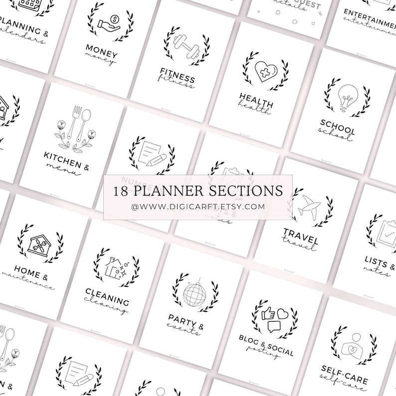 Puede incluir: Un conjunto de 18 secciones de planificador imprimibles con ilustraciones en blanco y negro de varios iconos, como una casa, un calendario, una bombilla, un coraz&oacute;n, una mancuerna, una cuchara y un tenedor, un avi&oacute;n, una lista, un micr&oacute;fono, un gorro de fiesta, un l&aacute;piz y papel, y una persona. El texto "18 PLANNER SECTIONS" y "@WWW.DIGICARFT.ETSY.COM" est&aacute; en la parte inferior de la imagen.
