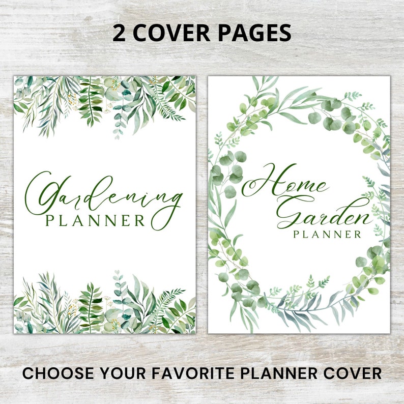 K&ouml;nnte beinhalten: Zwei druckbare Titelseiten f&uuml;r einen Gartenplaner. Die erste Titelseite zeigt einen gr&uuml;nen Blatt-Rand mit dem Text "Gardening Planner". Die zweite Titelseite zeigt einen gr&uuml;nen Blatt-Kranz mit dem Text "Home Garden Planner".