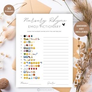 May include: A printable game with 30 nursery rhyme emoji riddles. The game includes an answer key. The game is titled "Nursery Rhyme Emoji Pictionary".
