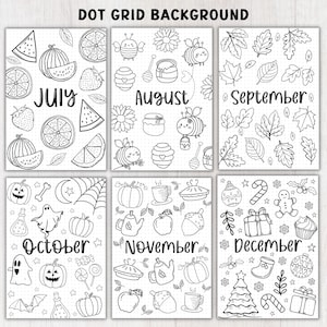 Puede incluir: Fondo de cuadr&iacute;cula de puntos imprimible en blanco y negro con ilustraciones tem&aacute;ticas mensuales. Los meses son julio, agosto, septiembre, octubre, noviembre y diciembre. Cada mes tiene un tema diferente, como sand&iacute;a, abejas, hojas, calabazas y &aacute;rboles de Navidad.
